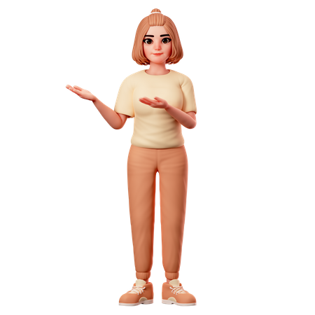 Casual Girl Presenting at Left Side using Both Hand  3D Illustration