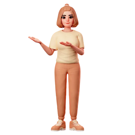 Casual Girl Presenting at Left Side using Both Hand  3D Illustration