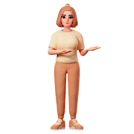 Casual Girl Presenting at Right Side using Both Hand  3D Illustration