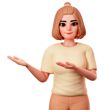 Casual Girl show Presenting gesture at Left side Using both Hand  3D Illustration