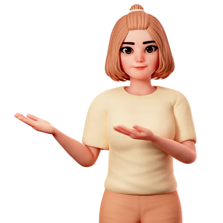 Casual Girl show Presenting gesture at Left side Using both Hand  3D Illustration