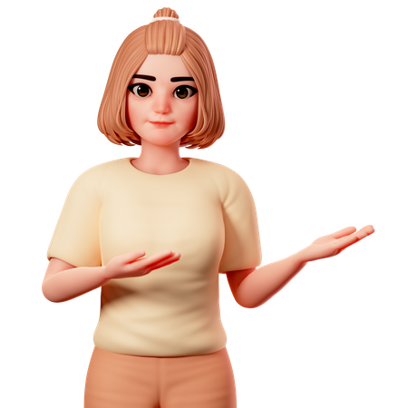 Casual Girl show Presenting gesture at Right side Using both Hand  3D Illustration