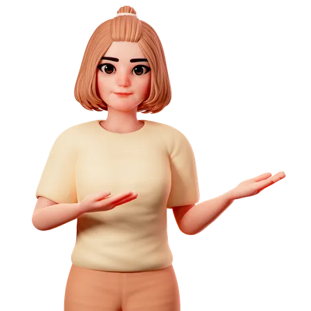 Casual Girl show Presenting gesture at Right side Using both Hand  3D Illustration