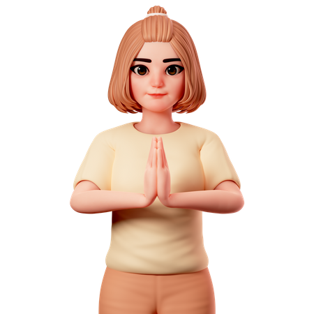 Casual Girl Showing Namaste or folded hand gesture  3D Illustration