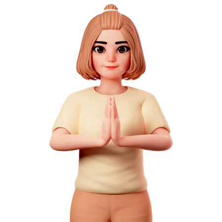 Casual Girl Showing Namaste or folded hand gesture  3D Illustration