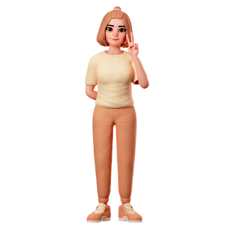 Casual Girl Showing Peace Gesture using Right Hand  3D Illustration