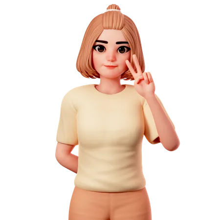 Casual Girl Showing Peace Gesture using Right Hand  3D Illustration