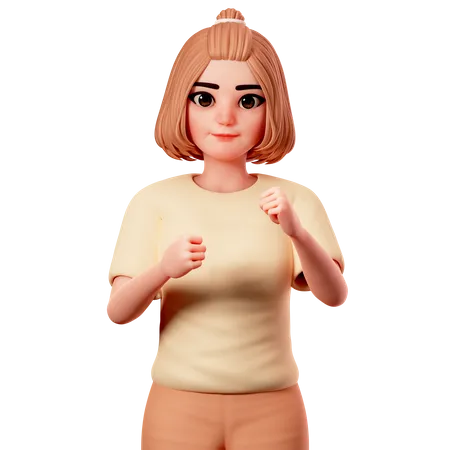 Casual Girl Showing ready to fight with fist Hand  3D Illustration