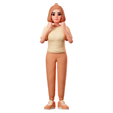 Casual Girl With Happy Pose, Showing fist hand gesture  3D Illustration