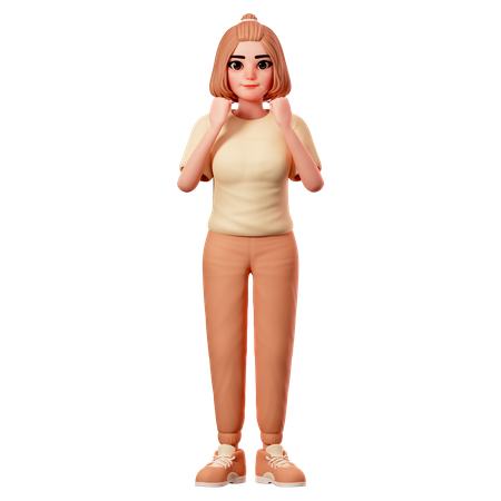 Casual Girl With Happy Pose, Showing fist hand gesture  3D Illustration