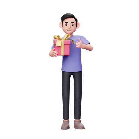 Casual male hugging valentine gift and giving thumbs up  3D Illustration