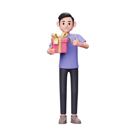 Casual male hugging valentine gift and giving thumbs up 3D Illustration