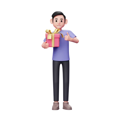 Casual male hugging valentine gift and giving thumbs up 3D Illustration