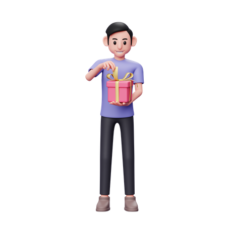 Casual male pulling ribbon opening valentine gift 3D Illustration