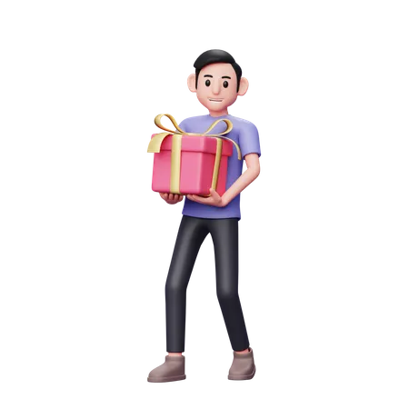 Casual man carrying big valentine gift with both hands 3D Illustration