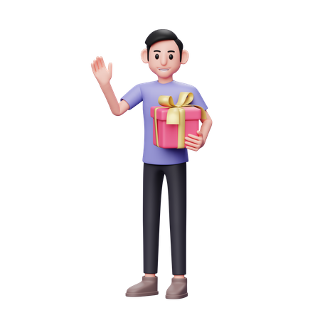 Casual man holding a pink gift with his left hand while waving say hi  3D Icon