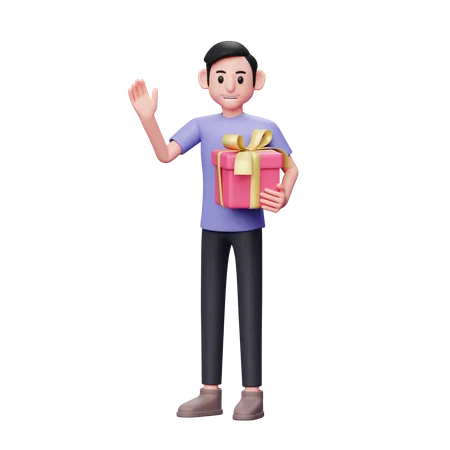 Casual man holding a pink gift with his left hand while waving say hi  3D Illustration