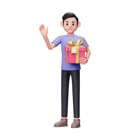 Casual man holding a pink gift with his left hand while waving say hi 3D Illustration