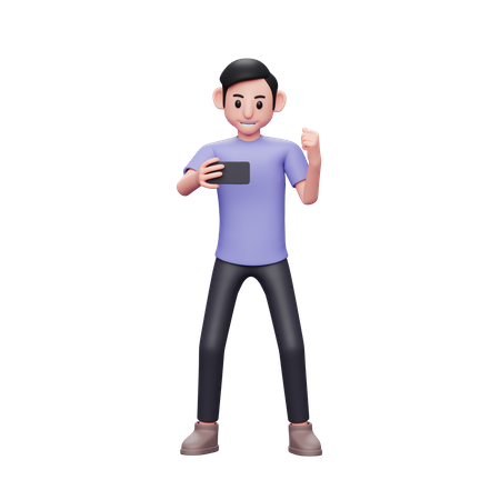 Casual man holding and looking at the phone screen while shouting happy celebrating victory  3D Icon