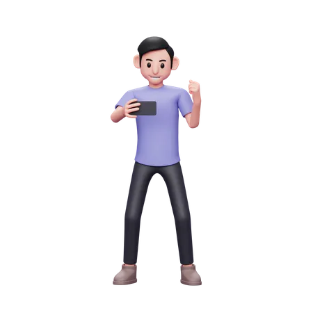 Casual man holding and looking at the phone screen while shouting happy celebrating victory 3D Illustration