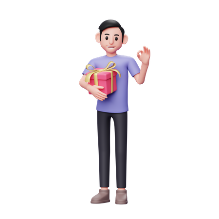 Casual man hugs valentine's gift and shows ok sign on his hand 3D Illustration
