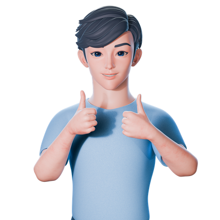 Casual Man In Blue Wears Showing Thumbs Up With Both Hands  3D Illustration