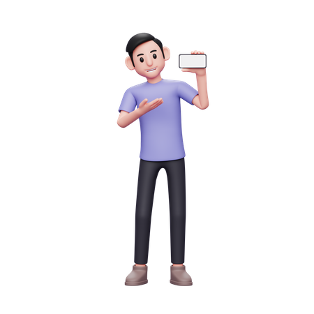 Casual man introduce or present something with a landscape phone screen  3D Icon