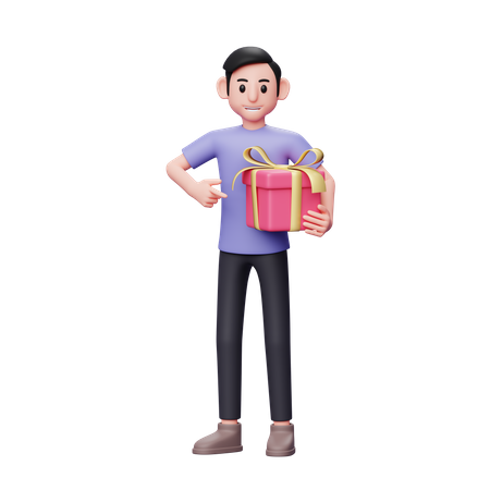 Casual man pointing at the gift he brought with his left hand to give to his girlfriend on valentine's day 3D Illustration