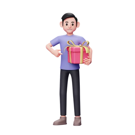 Casual man pointing at the gift he brought with his left hand to give to his girlfriend on valentine's day  3D Illustration