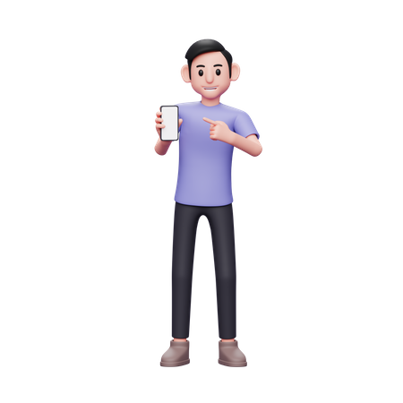 Casual man pointing to phone screen of his smartphone  3D Illustration