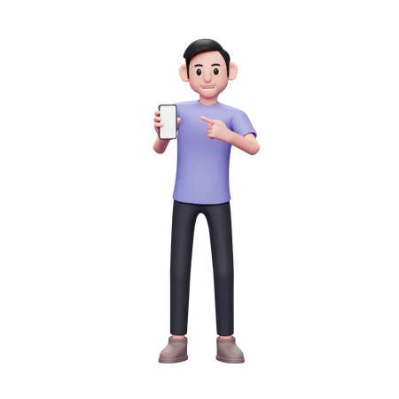 Casual man pointing to phone screen of his smartphone  3D Illustration