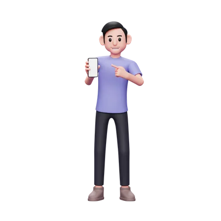 Casual man pointing to phone screen of his smartphone 3D Illustration