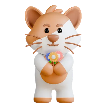 Cat Bring Flower  3D Illustration