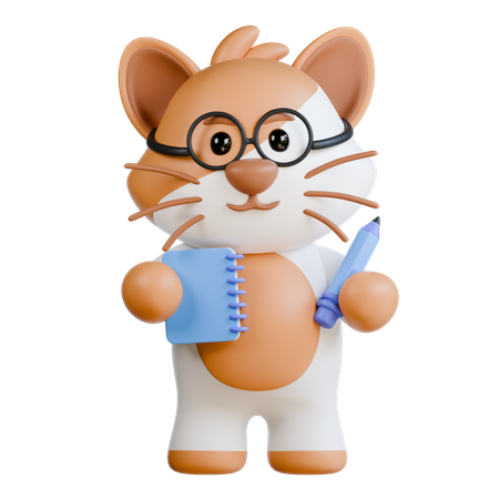 Cat Bring Note and Pencil  3D Illustration