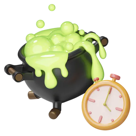 3 D Halloween Elements Witch Cauldron Pot With Magical Bubbling Green Potion Was Overflowing And Stopwatch Special Discounts Time Flash Sale Concept Cartoon Festival Icon 3 D Rendering Illustration 3D Icon