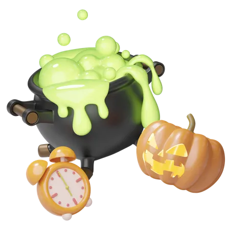 3 D Halloween Elements Witch Cauldron Pot With Magical Bubbling Green Potion Was Overflowing Orange Pumpkin Clock Discounts Time Flash Sale Concept Cartoon Festival 3 D Icon Rendering Illustration 3D Icon
