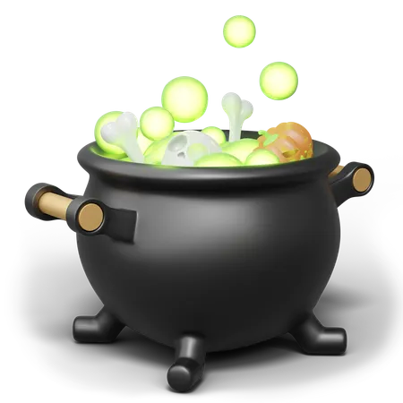 3 D Witchs Cauldron With Magical Green Potion Is Boiling Bones Skulls Pumpkins Isolated On Transparent Holiday Halloween Elements For Design Cartoon Festival Icon 3 D Rendering Illustration 3D Icon