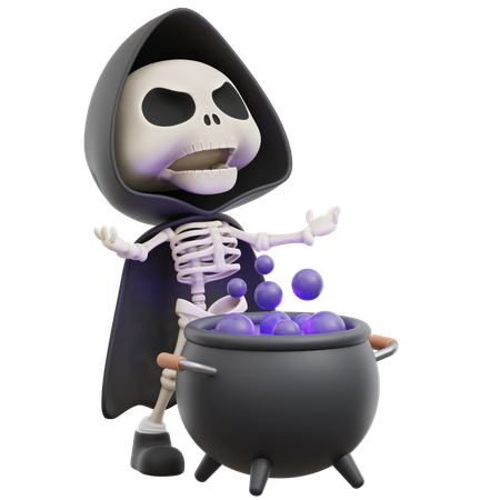 Grim Reaper Fazendo Poções No Caldeirão  3D Illustration