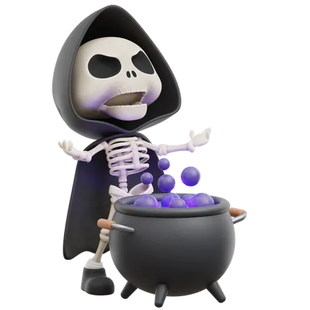 Grim Reaper Fazendo Poções No Caldeirão  3D Illustration