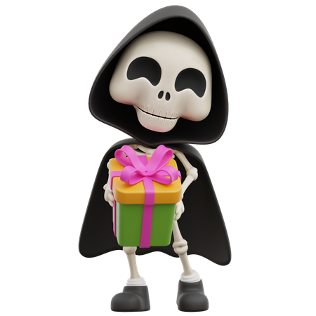 Grim Reaper segurando caixa de presente  3D Illustration