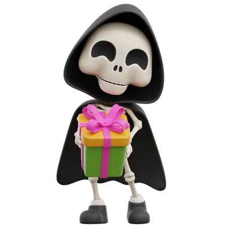 Grim Reaper segurando caixa de presente  3D Illustration