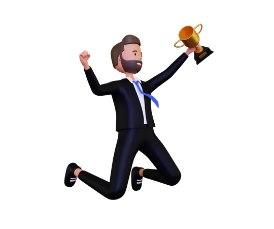 Celebração de empresário bem sucedido com troféu  3D Illustration