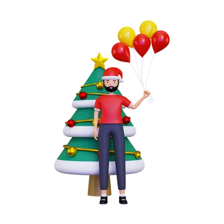 Celebração do dia de Natal com árvore de Natal e balões  3D Illustration