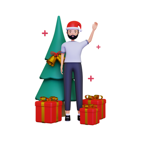 Celebração do dia de natal com árvore de natal e caixa de presente  3D Illustration