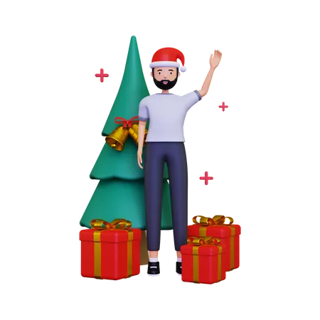 Celebração do dia de natal com árvore de natal e caixa de presente  3D Illustration