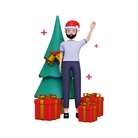 Celebración del día de navidad con árbol de navidad y caja de regalo  3D Illustration