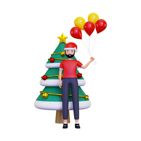 Celebración del día de Navidad con árbol de Navidad y globos.  3D Illustration