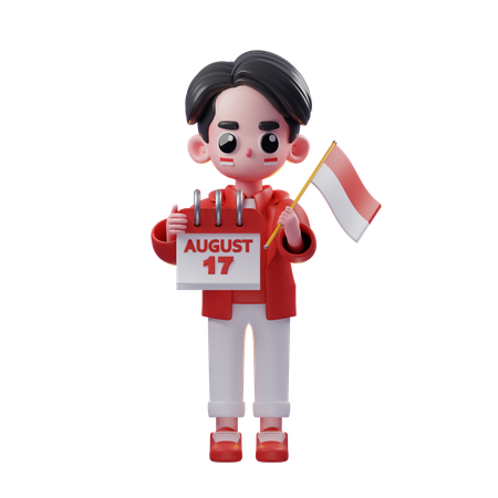 Celebración del hombre el 17 de agosto y bandera indonesia.  3D Illustration