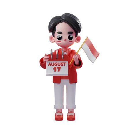 Celebración del hombre el 17 de agosto y bandera indonesia.  3D Illustration