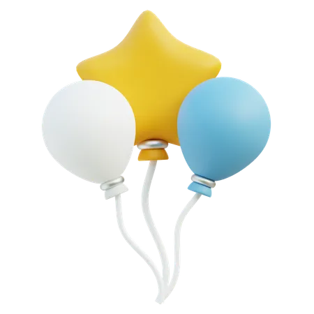 Three Balloons With A Star Shape Floating Against A Clear Backdrop In Primary White Blue And Yellow Colors Ideal For Festive And Cheerful Themes 3D Icon